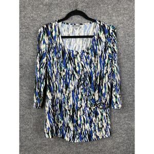 JM Collection Tunic Blue, White, Black Jersey Top Women Sz PXL Gold Long Sleeve